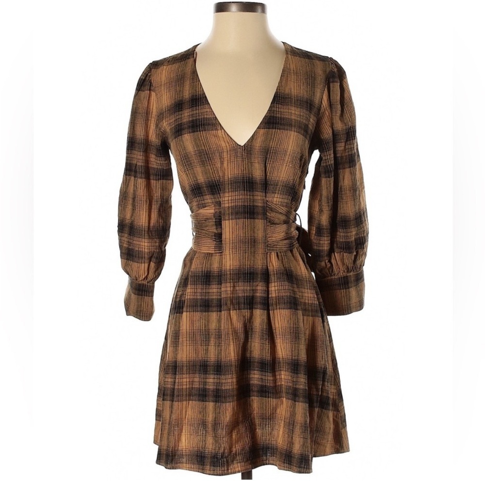 Free People New Size 4 Tan and Black Plaid Linen Blend English Rose Mini Dress